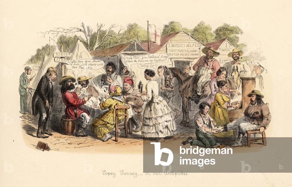 Topsy Turvey, or our Antipodes, 1854. Refined English ladies in crinolines waiting on rough and unkempt gold prospectors in Australia during the Gold Rush. Handcoloured etching by John Leech from Follies of the Year, from Punchõs Pocket Books, Bradbury, London, 1864.