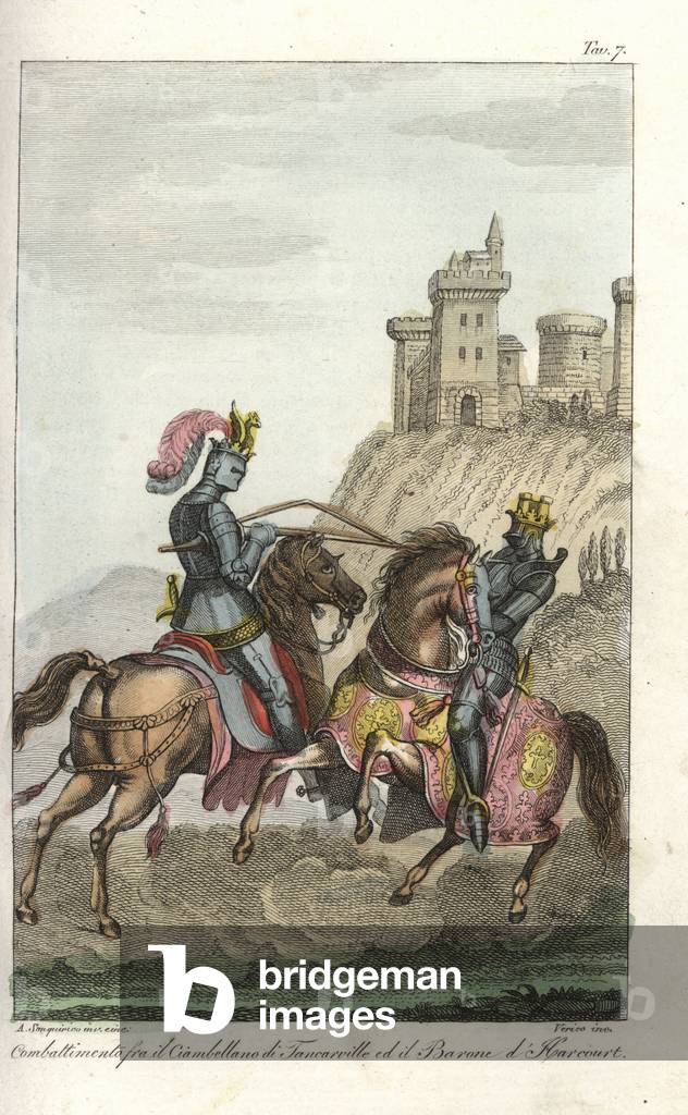 Combat between the Chamberlain of Tancarville and Sire of Harcourt. The duel was halted by the King of France. Handcoloured copperplate engraving by Verico after Alessandro Sanquirico from Giulio Ferrario's Ancient and Modern Costumes of all the Peoples of the World, 1844.