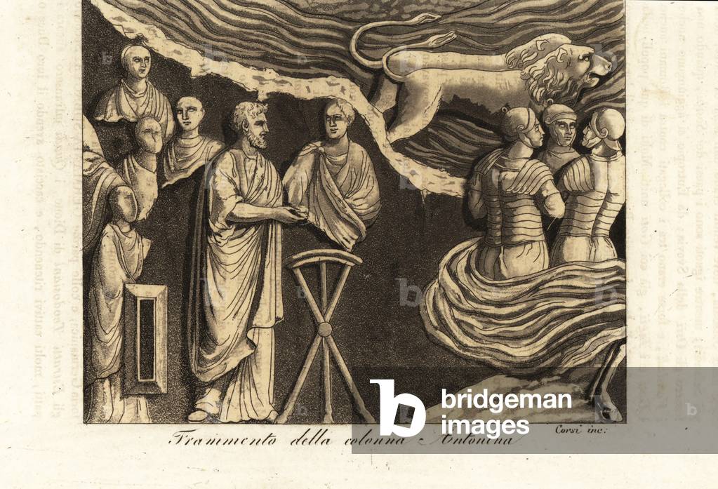 Fragment of the Column of Marcus Aurelius, Rome, Italy (handcoloured copperplate engraving)