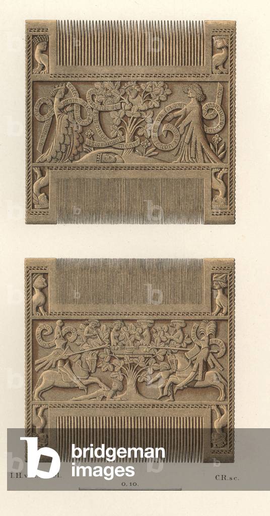 15th century sculpted comb depicting a scene of Tristan and Iseut, the other side represents a battle between two knight in armor during a tournament - Chromolithography, drawing by Jakob Heinrich von Hefner-Alteneck (1811-1903), for his book “Costumes, crafts and instruments from the Middle Ages to the end of the 18th century”, published by rich Keller, Frankfurt, 1883