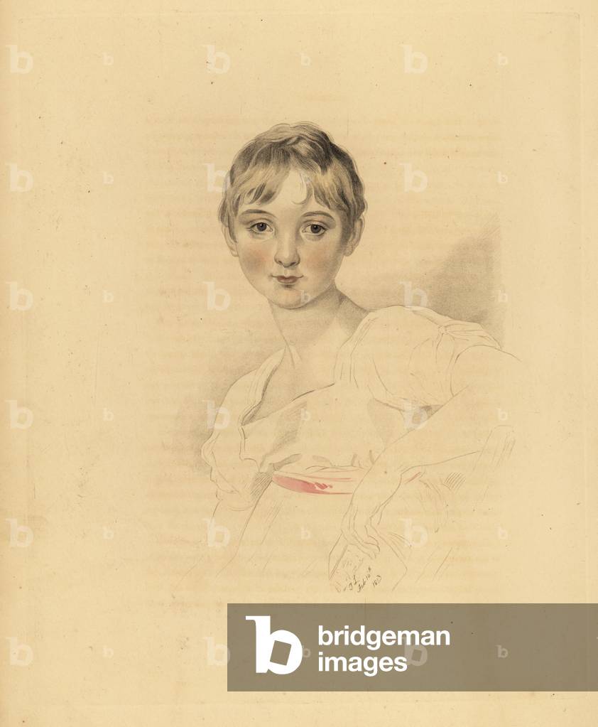 Portrait of Lucy Meredith, niece of Sir Thomas Lawrence. Young pre-teen girl in white dress with pink ribbon belt. Hand-tinted engraving by Frederick Christian Lewis after an illustration by Sir Thomas Lawrence from P.G. Patmore’s Cabinet of Gems, Ackermann, London, 1837.