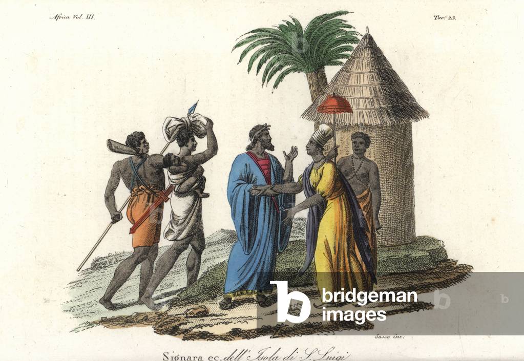 Costume of the noble ladies married to whites or mulattos of Ndor (Saint-Louis), Senegal. Handcoloured copperplate engraving by Antonio Sasso from Giulio Ferrario's Ancient and Modern Costumes of all the Peoples of the World, 1843.