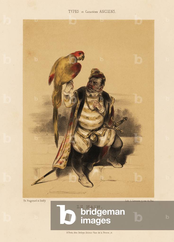 Midget with parrot, le Nain, 16th century. Court performer in hat, striped doublet, cape and codpiece, with sword and large exotic bird. Chromolithograph by Louis Rene Letronne after an illustration by Th. Fragonard et Dufey from Le Keepsake Francais with 12 plates from A. Mazuy’s Types et Caracteres Anciens, d’apres des Documents Peints ou Ecrits, chez Delloye, Paris, 1841.