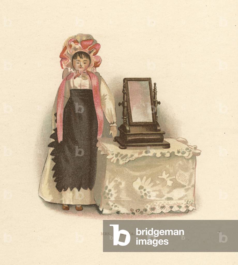 Doll representing housekeeper Mrs. Martha with toy dresser and mirror. Wooden doll dressed by the young Princess Victoria. Color plate after an illustration by Alan Wright from Frances H. Low’s Queen Victoria’s Dolls, George Newness, London, 1894.