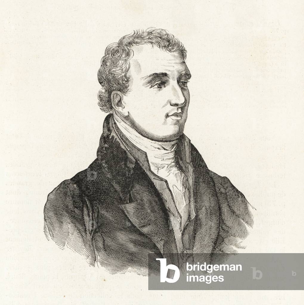 David Douglas, Scottish plant hunter. Woodblock engraving from Louis van Houtte and Charles Lemaire's Flowers of the Gardens and Hothouses of Europe, Flore des Serres et des Jardins de l'Europe, Ghent, Belgium, 1851.