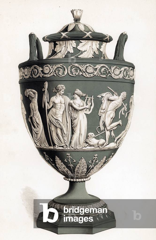 The Borghese Vase or the Campana Vase, decorated with foliage and reliefs of classical mythology. Chromolithograph by W. Griggs from Frederick Rathone's Old Wedgwood, the Decorative or Artistic Ceramic Work Produced by Josiah Wedgwood, Quaritch, London, 1898.