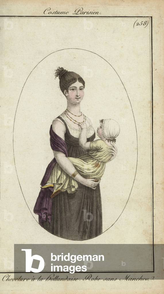 Fashionable woman and child, Paris, 1800 (handcoloured copperplate engraving)