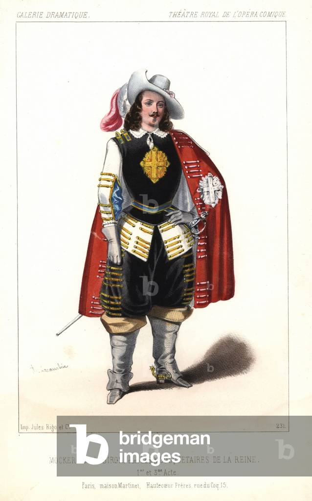 English tenor singer Toussaint-Eugene-Ernest Mocker as Biron in the comic opera Les Mousquetaires de la Reine by Fromental Halevy, Theatre Royal de l'Opera Comique, 1846. Handcoloured lithograph after an illustration by Alexandre Lacauchie from Victor Dollet's Galerie Dramatique: Costumes des Theatres de Paris, Paris, 1846.