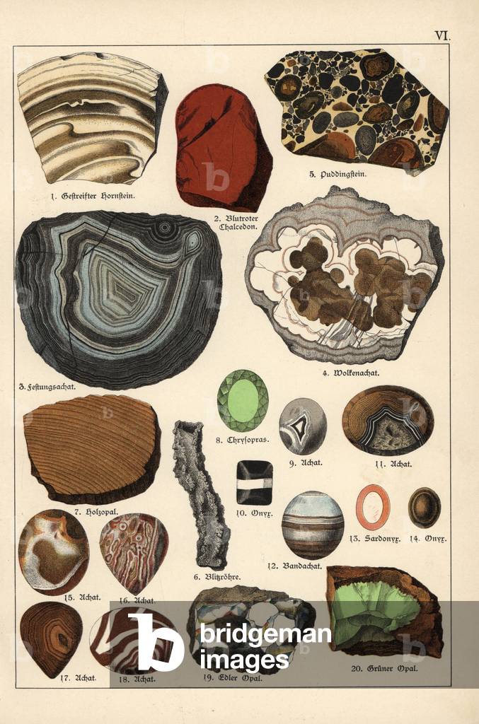 Precious stones and crystals (conglomerate, fortified agate, cloudy agate, chrysoprase, agate, baguee agate, onyx, jasper, fulgurites or lightning stones, sardoine (sardonyx) and opal) - Chromolithography of Mineralogy by Gustav Adolph Kengott (1818-1897), excerpt from Natural History of GotthththththHeinrich by Schubert (1780-1860), 1886 - Precious stones and crystals including conglomerate, fortification agate, cloudy agate, chrysoprase, agate, banded agate, onyx, wood opal, fulgurites, sardonyx and opal - Chromolithograph from Dr. Aldolph Kenngott's “” Mineralogy”” section in Gotthilf Heinrich von Schubert's “” Naturgesrechichte,” Iber, Munich, 1886