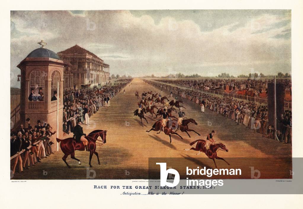 Horses and jockeys racing in the Great St. Leger Stakes at Doncaster Racecourse, 1836. Anticipation… Who is the winner? Elis going past the post in front of huge crowds behind the rails and in carriages. Color print after an engraving by Harris from an  illustration by James Pollard in Ralph Nevill’s Old Sporting Prints, The Connoisseur Magazine, London, 1908.
