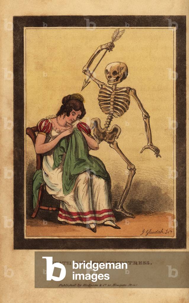 Skeleton of death aiming a dart at a woman sewing a garment.