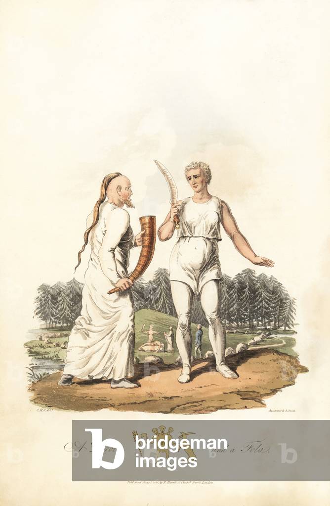Drotte (priest) and fola (pretress), of the Gothic peoples of Scandinavia, in the background a naked pretress carries out a human sacrifice - Forte water by Robert Havell (1793-1878) from an illustration by Charles Hamilton Smith (1776-1859), extracted from original Costume of the inhabitants of the British Isles, by Samuel Meyrick (1783-1848), 1821 - A Tte and a Fola, priest and priestess of the Gothic Scandinavians. He wears a long habit and holds a large horn of gold to receive a human blood sacrifice. She wears a scapular, short linen skirt, trousers, carries the sacrificial knife inscribed with Runes. In the background, a naked Fola performs a human sacrifice. Handcoloured aquatint by R. Havell from an illustration by Charles Hamilton Smith from Samuel Meyrick's Costume of the Original Inhabitants of the British Islands, London, 1821.