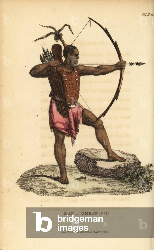Warrior of Ombai with breastplate, bow, arrows and quiver. He wears his hair tied up in a plume. Man of Ombai Island (Ombay), Indonesia. Handcoloured copperplate engraving after an illustration by Jacques Arago from Frederic Shoberl's The World in Miniature: The Asiatic Islands and New Holland, R. Ackermann, London, 1824.
