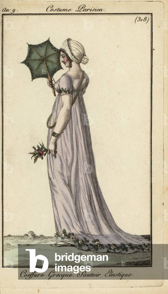 Fashionable woman in Greek hairdress with parasol, 1801 (handcoloured copperplate engraving)