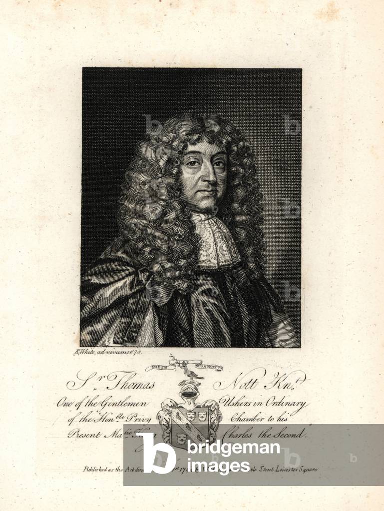Sir Thomas Nott (1606-1681), royalist army officer, Gentleman Usher in Ordinary of the Privy Chamber to King Charles II. Copperplate engraving by R. White from William Richard's Portraits Illustrating Granger's Biographical History of England, London, 1792-1812. James Granger (1723-1776) was an English clergy, biographer, and print collector.