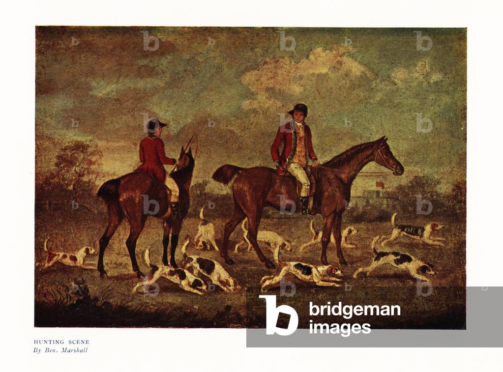 Hunting scene. Two mounted hunters in scarlet jackets with hounds, Regency Era. Color print after a painting by Benjamin Marshall in Ralph Nevill’s Old Sporting Prints, The Connoisseur Magazine, London, 1908.