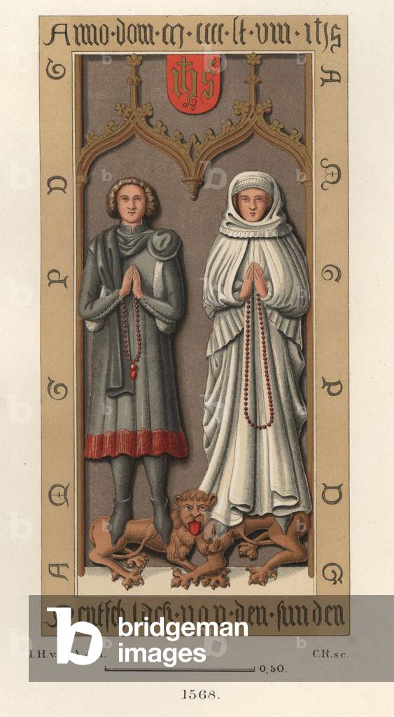 Costumes of the bourgeois of the late 15th century, after a tombstone of the Church of St. Catherine in Fracfort (Germany), 1468 - Chromolithography, drawing by Jakob Heinrich von Hefner-Alteneck (1811-1903), for his book “Costumes, crafts and instruments from the Middle Ages to the end of the 18th century”, published by Heinrich Keller, Frankfurt, 1883