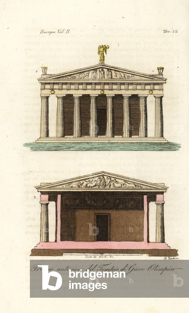 View of the front 1 and rear 2 pronaos or vestibule of the Temple of Zeus or Jupiter, Mount Olympus, 1826 (hand coloured engraving)