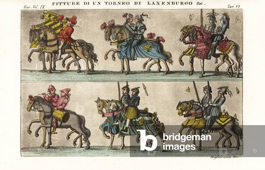 Mounted knights in armour in a procession, 15th century tournament (handcoloured copperplate engraving)