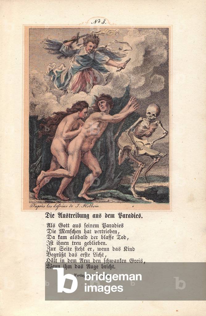 Expulsion from heaven. Adam and Eve are preceded by death, which plays on an old man, or a beggar's lyre, as if she wanted to show her joy in the victory he obtained over man. Hand-coloured engraving by Christian Von Mechel (or Chretien de Mechel, 1737-1817) in “The Triumph of Death”” based on original drawings by Hans Holbein the Young (1497-1543), 1860.