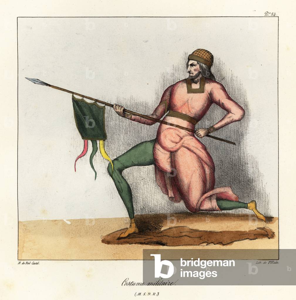 Medieval soldier in military costume lunging with lance and pennant, 9th century