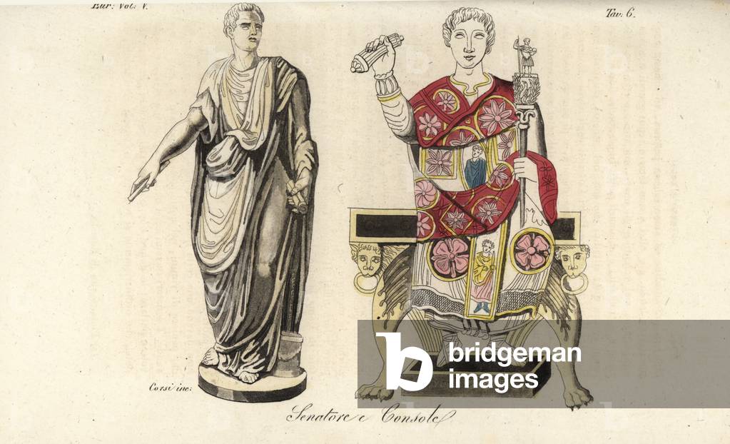 Roman senator in toga with scroll and small round box at his feet, and consul in colorful painted toga or toga picta seated on a chair