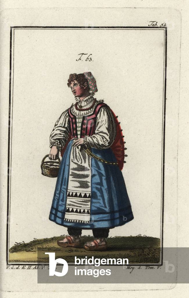 Farm girl of Belluno, Italy, wearing sandals on her bare feet. Handcolored copperplate engraving from Robert von Spalart's “” Historical Picture of the Costumes of the Principal People of Antiquity and of the Middle Ages,”” Vienna, 1811. Illustration based on Cesare Vecellio's Habiti Antichi e moderni, Venice, 1590