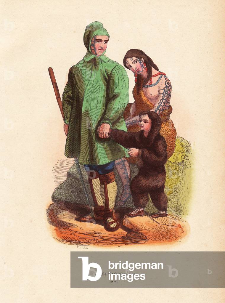 Family of Kamchatka (Russia) - Kamtchadal family with man in hooded coat, woman in animal fur with extensive tattoos, and child in fur bodysuit - Handcoloured woodcut by M. Deley from “” Moeurs, Uses et Costumes de tous les Peuples du Monde, Asie,”” by Auguste Wahlen, pseudonym of Jean Francois Nicolas Loumyer (1801-1875), Historique, Brussels, 1845