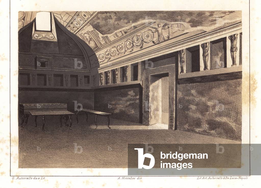 Tepidarium or warm bath, near the gate to Stabiae. Chromolithograph and illustration by G. Autoriello from Antonio Niccoliniõs Pompeii: Views and Restorations (Pompeii: Essaies et Restorations), published by Autoriello & De Luca, Naples, 1898. Antonio was grandson of the architect Antonio Niccolini Sr.