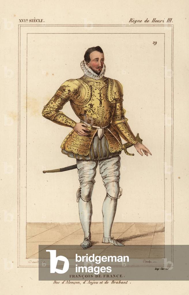 Francis, Duke of Anjou and Alencon. Francois de France, Duke of Alencon, Anjou and Brabant, son of Henry III and Catherine de Medici, reign of King Henry III of France. Illustration by Dunand, lithograph by Breton after a portrait in Roger de Gaignieres' gallery portfolio IX 54 from Le Bibliophile Jacob aka Paul Lacroix's Costumes Historique de la France (Historical Costumes of France), Administration de Librairie, Paris, 1852.