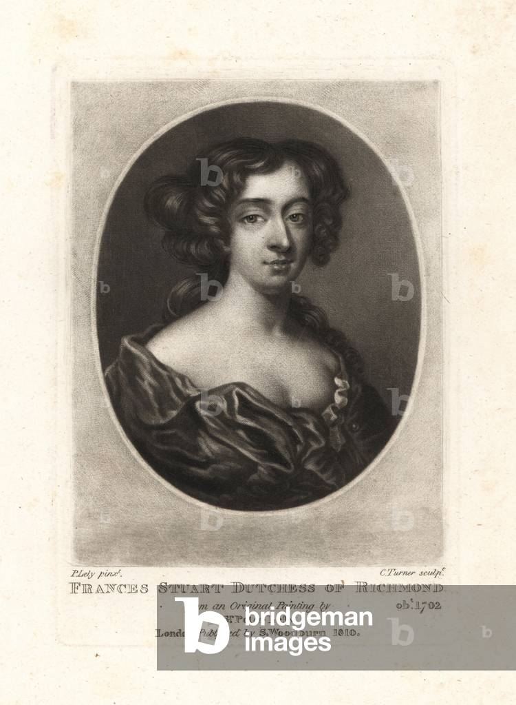 Frances Stuart, Duchess of Richmond, famous beauty at the court of King Charles II, died 1702. Copperplate mezzotint by Charles Turner after an original painting by Sir Peter Lely from Samuel Woodburn's Portraits of Characters Illustrious in British History, London, 1810.