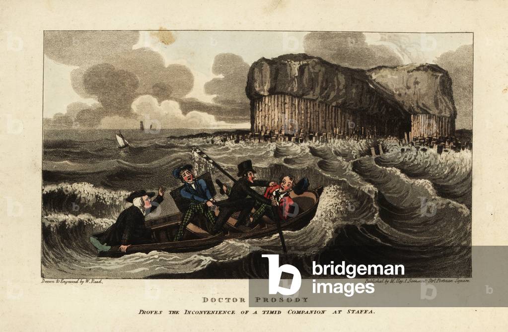English tourists falling overboard on a boat in choppy seas near the basalt pillars of Staffa, Inner Hebrides