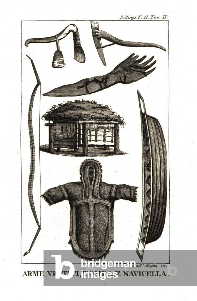 Pick-axe made with a walrus tusk, stone hatchet of Alaska, wooden instrument with claws used by the Chukchi (Chukchi) people to hunt walrus, tomb of the Unalaskans, and baidar (boat), dress and bow used by natives on both continents at the Bering Straits. From Joseph Billings (1758-1806) and Martin Sauer 1785-1806 An Account of an Expedition to the Northern Parts of Russia. Copperplate engraving by dell'Acqua handcoloured by Lazaretti from Giovanni Battista Sonzogno's Collection of the Most Interesting Voyages (Raccolta de Viaggi Piu Interessanti), Milan, 1815-1817