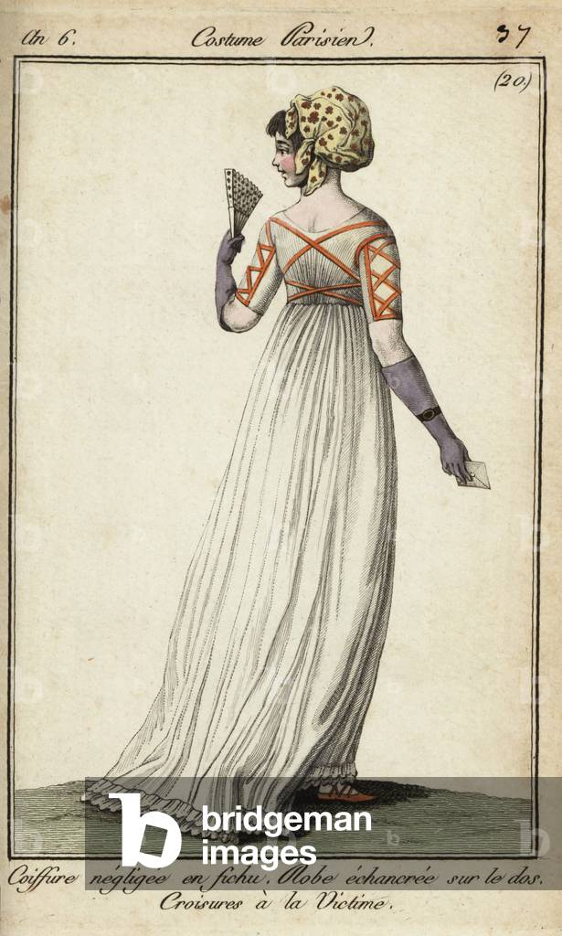 Woman in victim-style criss-cross ribbon dress, 1798 (handcoloured copperplate engraving)