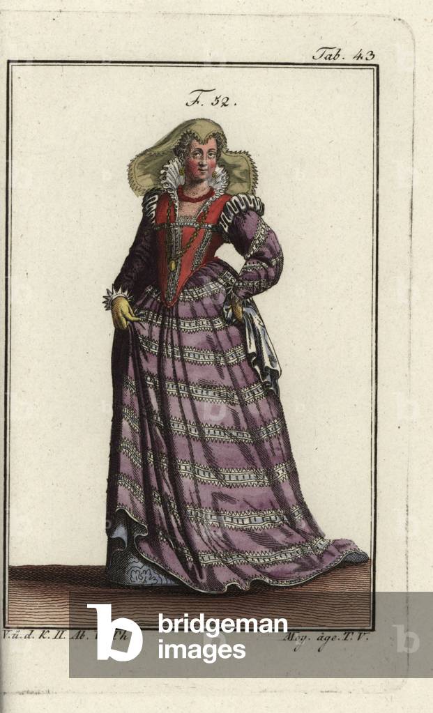 High class woman of Florence. Her dress is decorated with many lace frills, and her necklace with jewels. Illustration from Cesare Vecellio's Habiti Antichi e moderni, Venice, 1590. Handcolored copperplate engraving from Robert von Spalart's “” Historical Picture of the Costumes of the Principal People of Antiquity and of the Middle Ages,”” Vienna, 1811.
