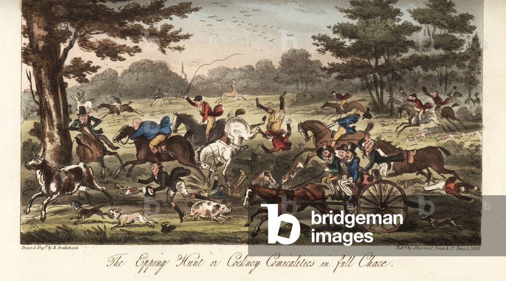 Hapless Londoners riding in the Epping Hunt, Easter Monday. Dandies and fops came down from London and rode on horses and in carriages chasing a single stag. Handcoloured copperplate drawn and engraved by Robert Cruikshank from The English Spy, London, 1825. Written by Bernard Blackmantle, a pseudonym for Charles Molloy Westmacott.