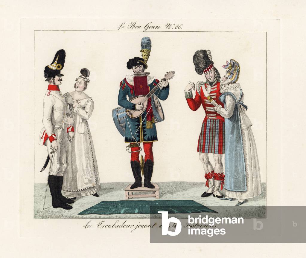 Troubadour playing on six instruments in front of Prussian and Scots soldiers, 1815. By moving his head, elbows and knees, he plays pan pipes, mandolin, drum, triangle, cymbals and three rows of bells on his plumed hat. Handcoloured engraving from Pierre de la Mesanger's Le Bon Genre, Paris, 1817.