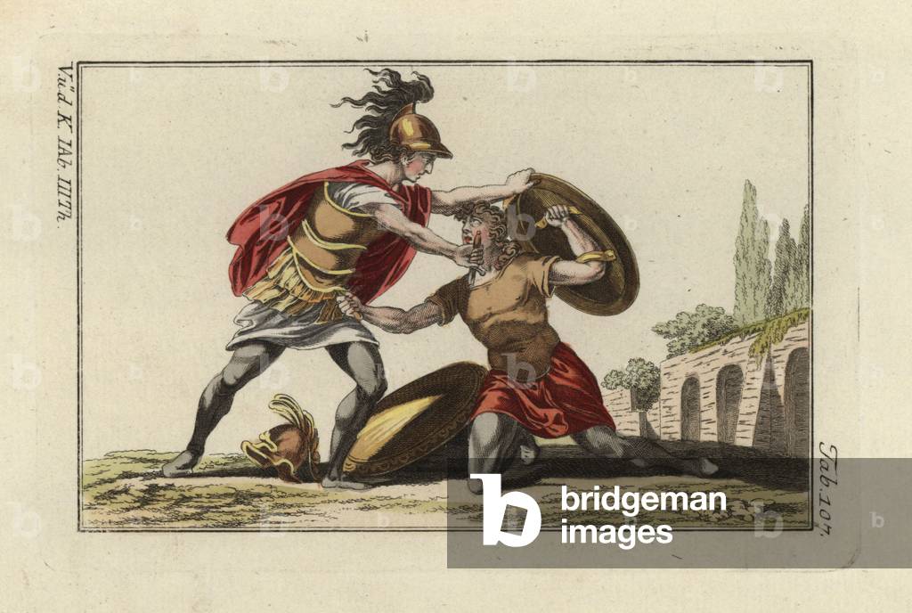 Two Etruscan warriors in mortal combat with daggers. Handcolored copperplate engraving from Robert von Spalart's “” Historical Picture of the Costumes of the Principal People of Antiquity and of the Middle Ages”” (1798).