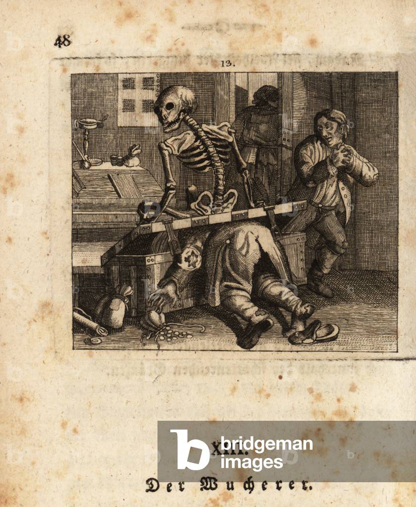 The skeleton of Death crushing a userer in his chest, 18th centu, 1803 (engraving)