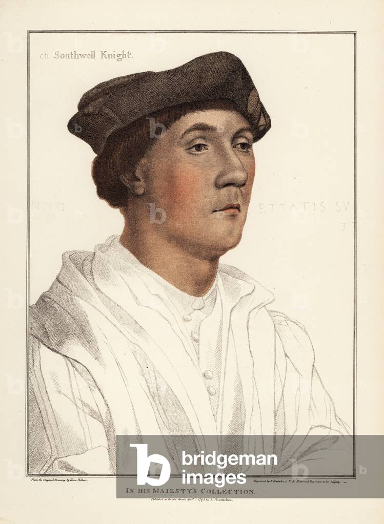 Sir Richard Southwell (c.1502- 1564), English Privy Councillor. Handcoloured copperplate engraving by Francis Bartolozzi after Hans Holbein from Facsimiles of Original Drawings by Hans Holbein, Hamilton, Adams, London, 1884.