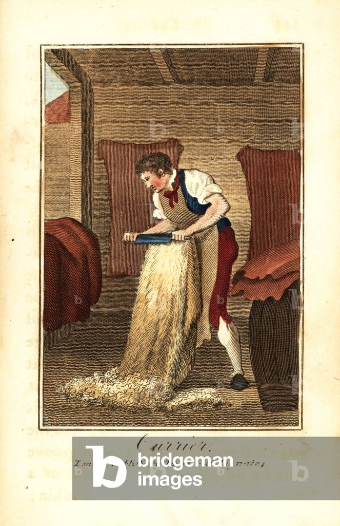 Currier shaving animal hides with a knife to make leather for shoes, boots, saddles, bookbindings, etc. Handcoloured woodcut engraving from The Book of English Trades and Library of the Useful Arts, Tabart, London, 1810.