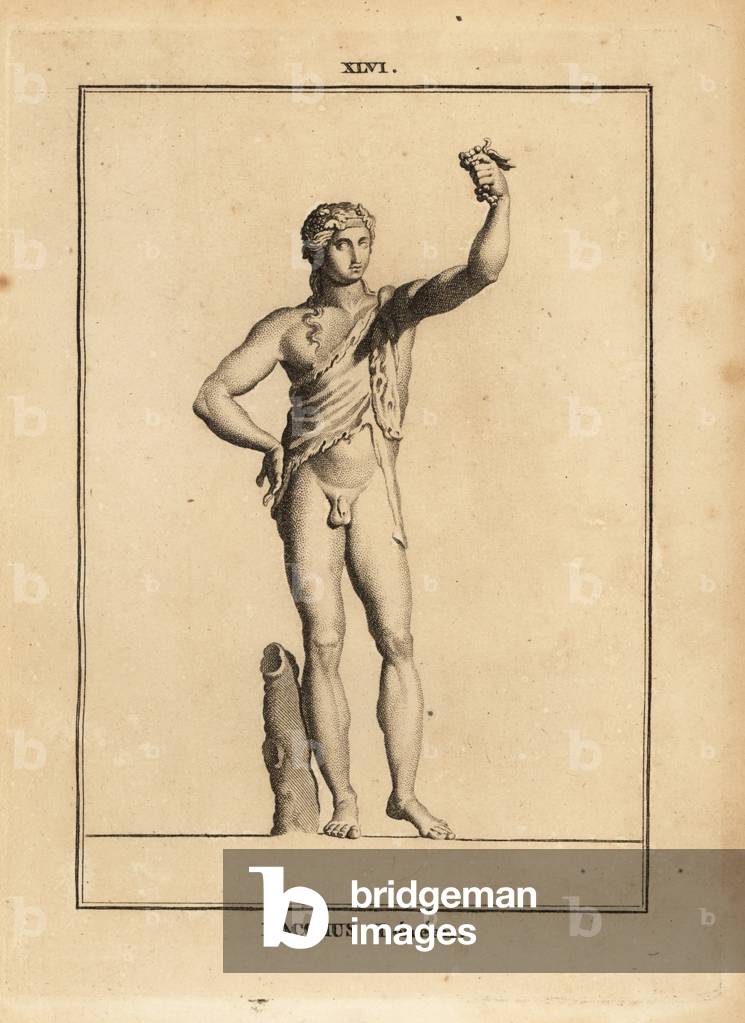 Statue of Bacchus Lenaios, the Roman god of wine, naked but for a lion skin, pressing a bunch of grapes