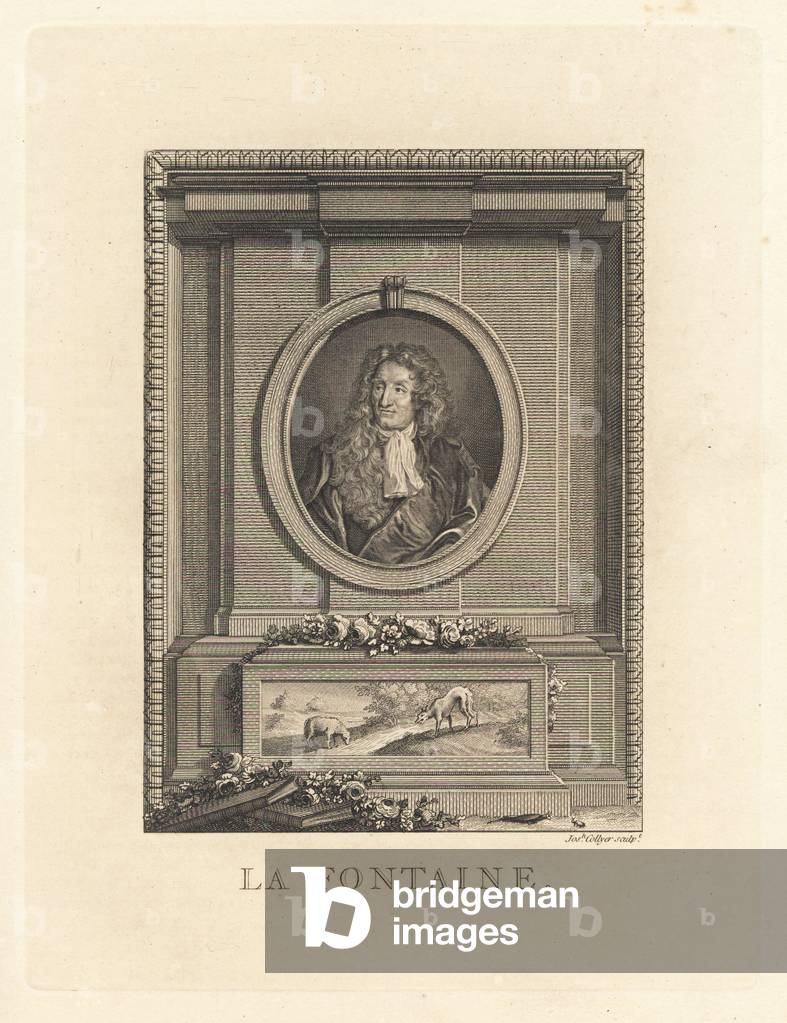 Jean de la Fontaine, French poet and fabulist, 1621-1695, within oval above a vignette of a fable. Copperplate engraving by Joshua Collyer from The Copper Plate Magazine or Monthly Treasure, G. Kearsley, London, 1778.
