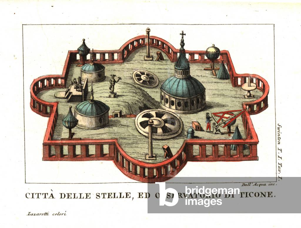 The Uraniborg, or City of Heaven, on the Island of Hven, Denmark. Observatory built by the celebrated Danish astronomer Tycho Brahe. Illustration From Andrew Swinton (18th-19th century) Travels into Norway, Denmark and Russia, 1792. Copperplate engraving by dell'Acqua handcoloured by Lazaretti from Giovanni Battista Sonzogno's Collection of the Most Interesting Voyages (Raccolta de Viaggi Piu Interessanti), Milan, 1815-1817