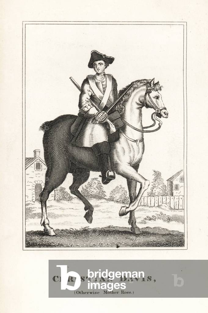 Christian Davis, a.k.a. Mother Ross, enlisted as a man named Christopher Welsh, and fought duels and battles. Died 1739. Engraving from James Caulfield's Portraits, Memoirs and Characters of Remarkable Persons, London, 1819.