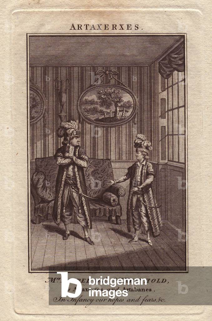 Portrait of actress Margaret Farrell, in the role of Artaxerxes and actor Charles Frederick Reinhold in the role of Artabanes, in a scene by Artaxerses by Thomas Arne (1710-1778), in 1778. Both stand in a room and wear oriental costumes and short swords, with feathered hats. Engraving in thatre booklet, 18th century, England.