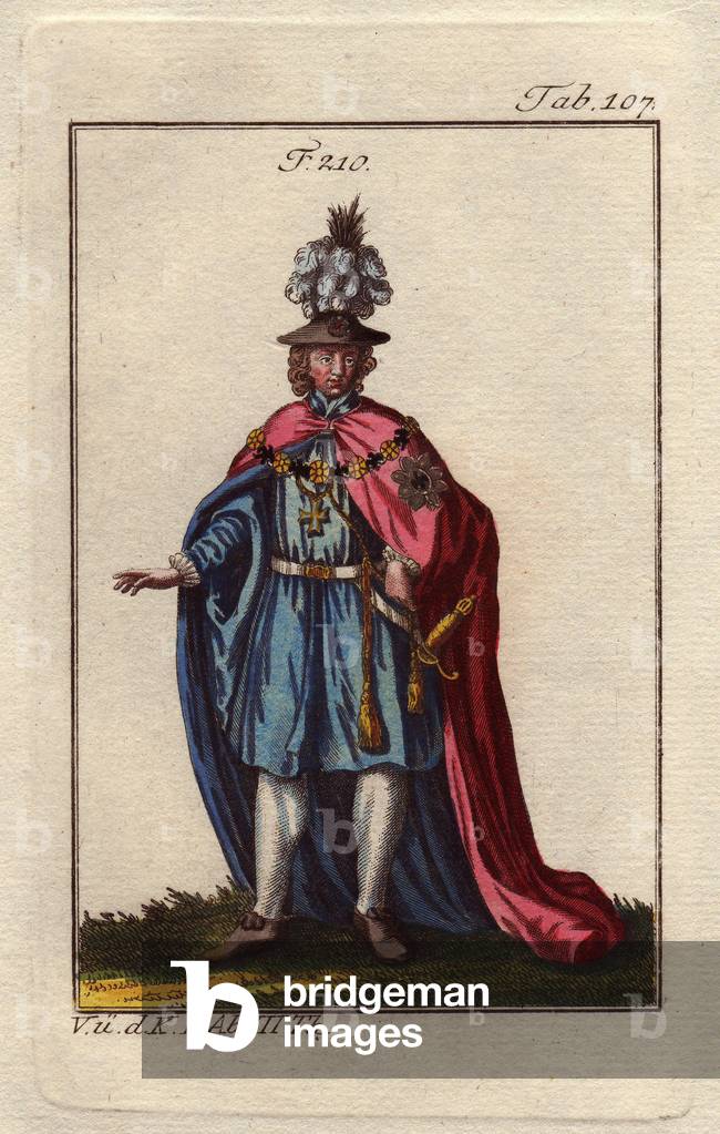 Knight of the Order of the Black Eagle. The greatest order of chivalry in the kingdom of Prussia was founded in 1701 by the elector prince Frederic III of Brandenburg (or Frederic I of Prussia, 1657-1713). The ceremonial costume consisted of a red velvet cape, doubled with blue, with an embroidered star on the left shoulder. Hand-coloured copper engraving, in “Images historiques des costumes des principaux peuples de l'Antiquite et du Middle Ages” by Robert Von Spalart, published in 1796.