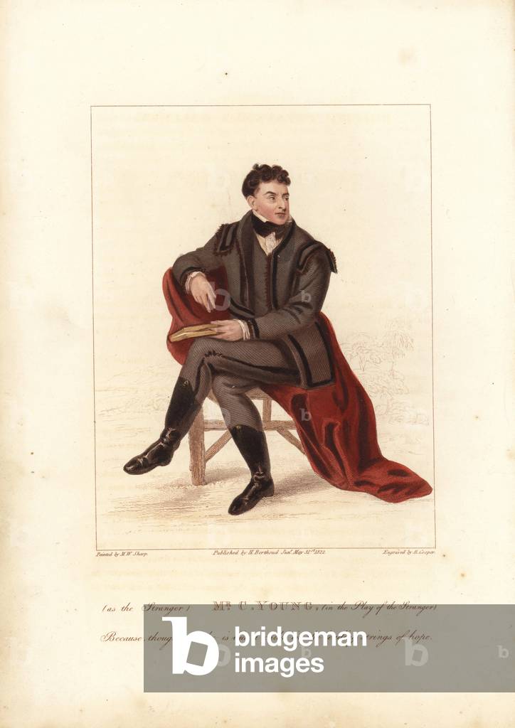 Mr. Charles Young in “The Stranger” at the Theatre Royal Covent Garden. Handcoloured stipple copperplate engraving by Robert Cooper after a painting by Michael William Sharp. From D. Terry's “” British Theatrical Gallery,” London, Henry Berthoud Jr., 1825.