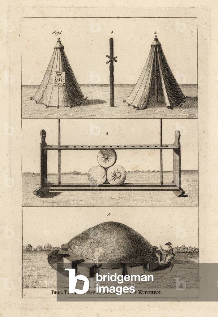 18th century military tents: called bell-tents 1,2, pole to support arms 3, stand for drums, colours and officers' espontons 4, and camp-kitchen with a woman cooking 5