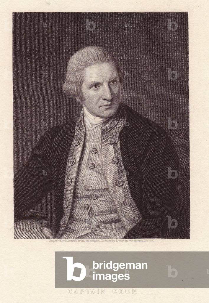 Portrait of Captain James Cook (1728-1779), British explorer, navigator and cartographer. Engraving by E.Sciven after a portrait by Nathaniel Dance, in Galerie de Portraits by Charles Knight, 1835.